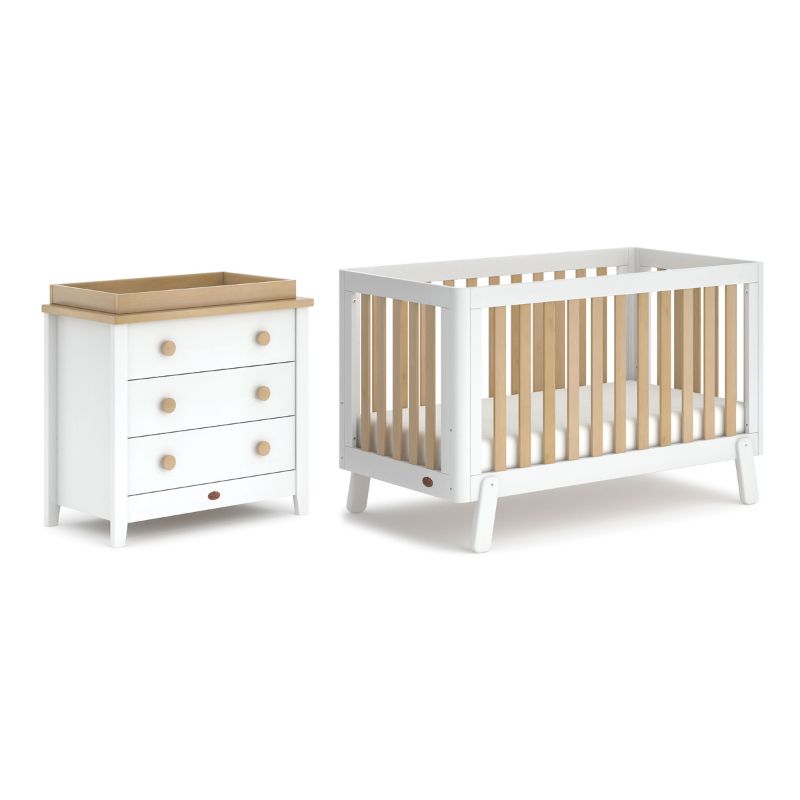 Boori-Turin 2 Piece Room Set in White & Almond (BAAD) Turin Cot Bed & 3 Drawer Chest with Changing Tray B-TUCB2PCTSV23/BAAD - Miracle Baby World