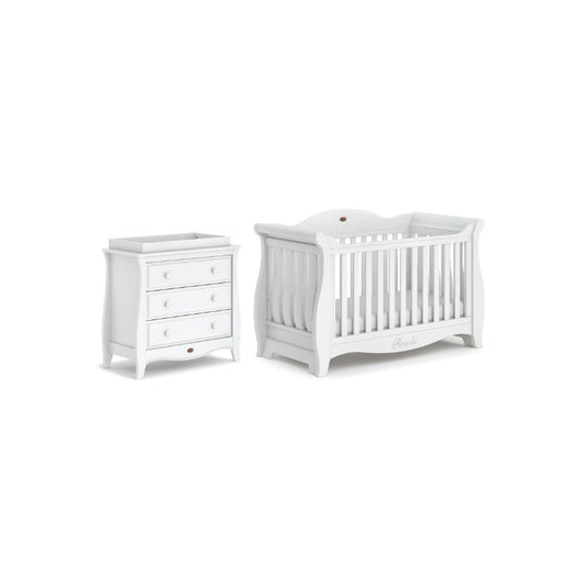 Boori Sleigh Royale 2 Piece Room Set in White  Sleigh Royale Cot Bed V23 & Sleigh 3 Drawer B-SLR2PCTS/BAChest Smart Assembly with Changing Tray - Miracle Baby World