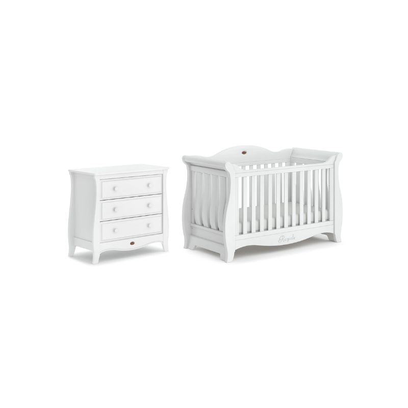 Boori Sleigh Royale 2 Piece Room Set in White Sleigh Royale Cot Bed V23 Sleigh 3 Drawer B SLR2PCTS BAChest Smart Assembly with Changing Tray